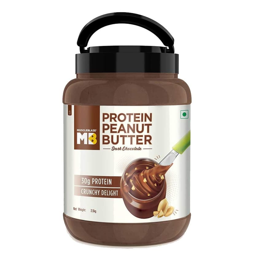MuscleBlaze High Protein Peanut Butter, 0.750 kg, Unsweetened Crunchy - MuscleBlaze High Protein Peanut Butter, 2.5 kg, Dark Chocolate Crunchy