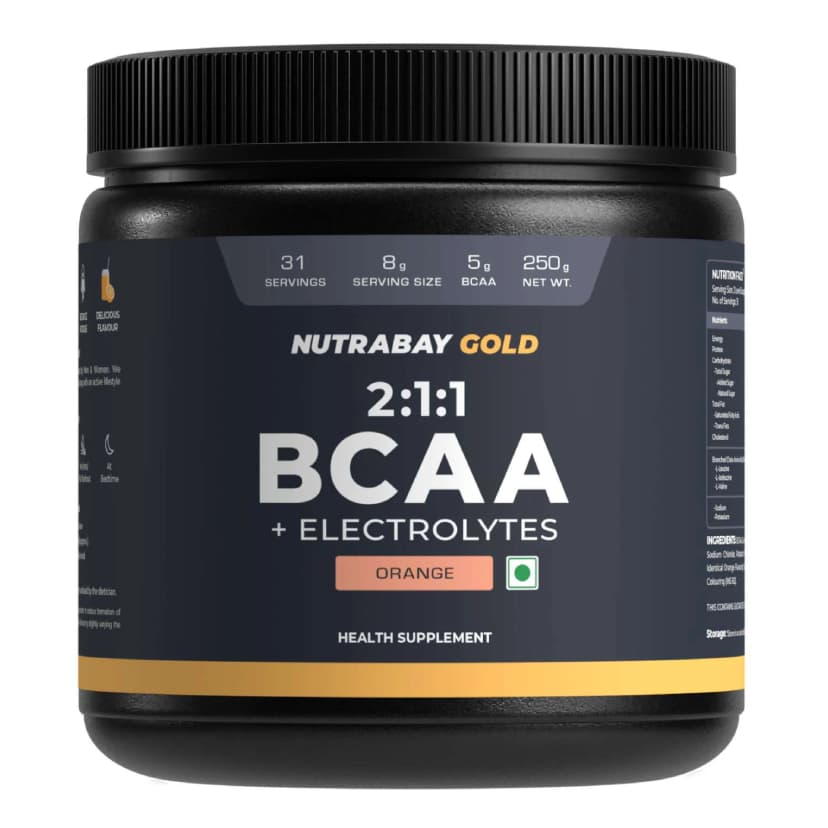 Nutrabay Gold BCAA 2:1:1 with Electrolytes - 250 gm (0.55 Lb), Orange
