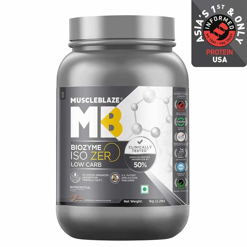 MuscleBlaze Biozyme Iso-Zero, 1 kg (2.2 lb), Low Carb Cookies & Cream