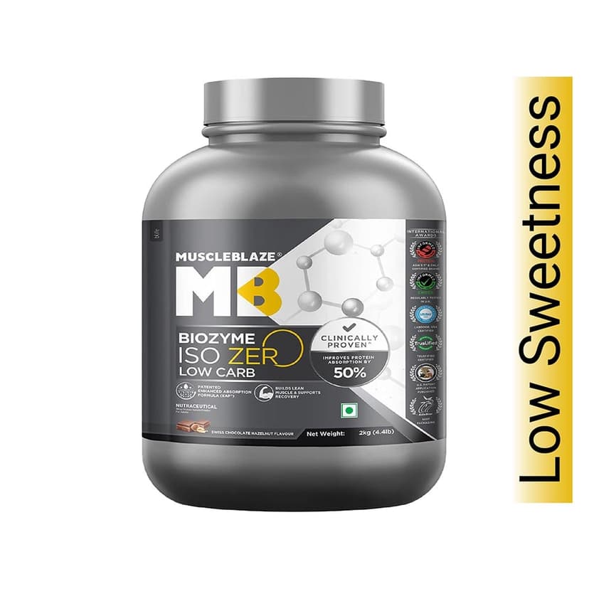 MuscleBlaze Biozyme Iso-Zero, 2 kg (4.4 lb), Low Carb Swiss Chocolate Hazelnut - Low Sweetness