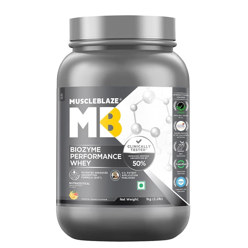 MuscleBlaze Biozyme Performance Whey, 1 kg (2.2 lb), Magical Mango