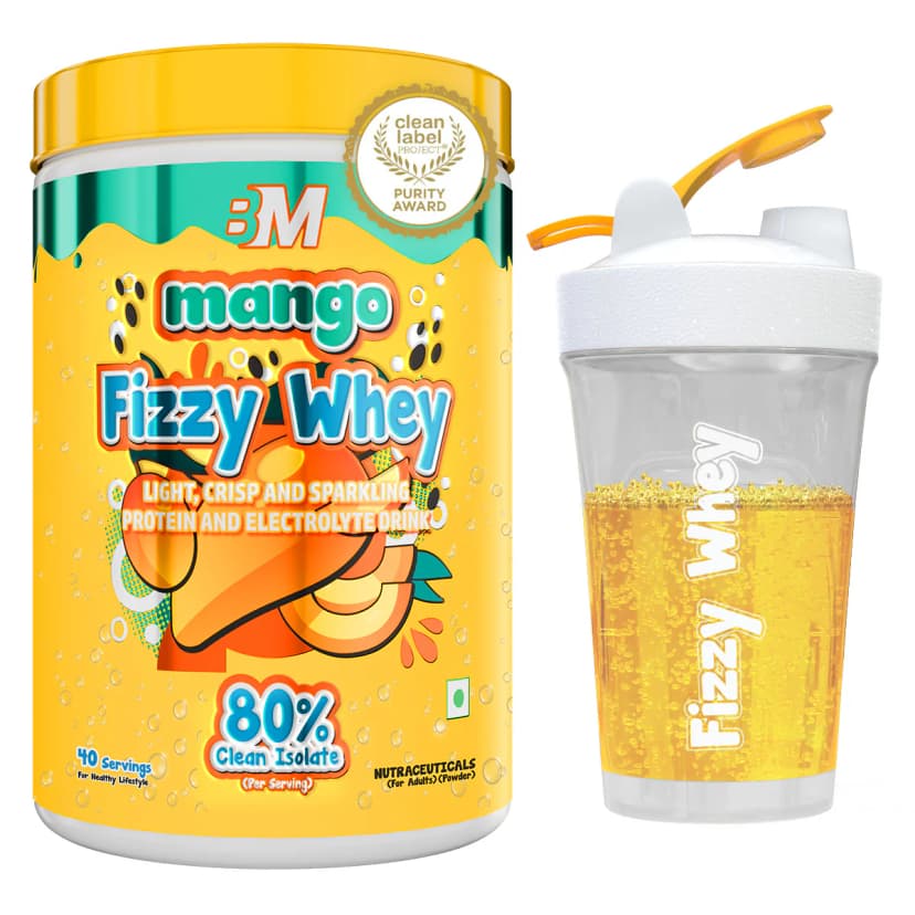 Big Muscles Fizzy Whey [ Mango ] | Clear Whey Protein isolate + Electrolytes - 600gm