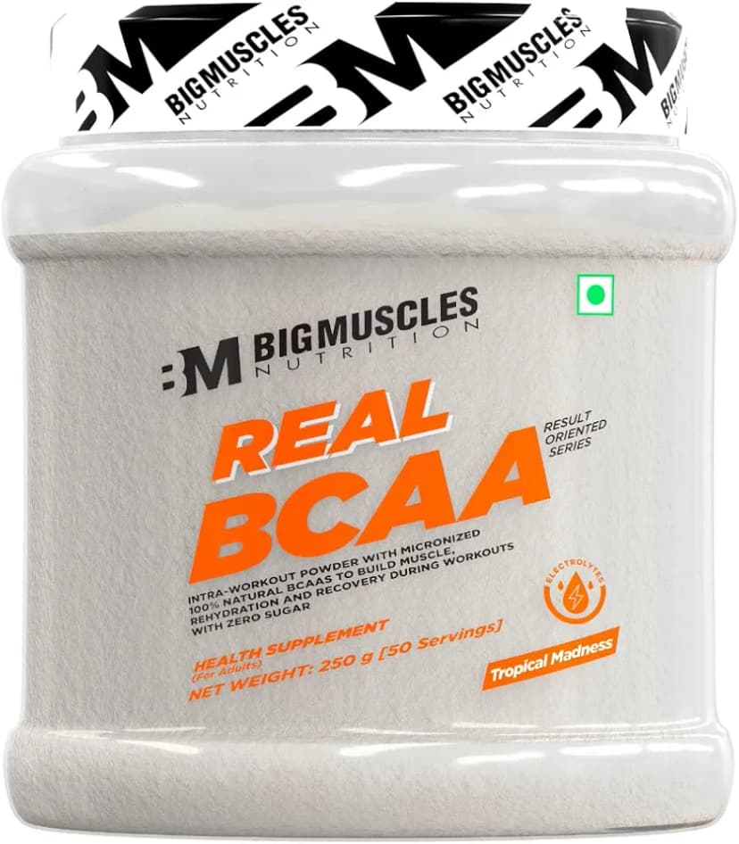 Bigmuscles Nutrition Real BCAA with Electrolytes [50 Servings, Tropical Madness] | BCAA Powder in 2:1:1 Optimal Ratio | Powerful Intra Workout for Muscle Recovery & Endurance [250g], 1 count