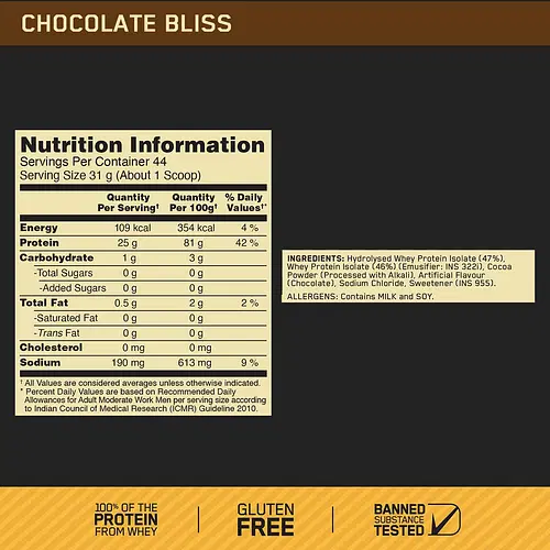 Optimum Nutrition (ON) Gold Standard 100% Isolate 3 lbs, 1.36 kg (Chocolate Bliss), for Muscle Support & Recovery, Vegetarian - 100% Protein from Whey Isolate