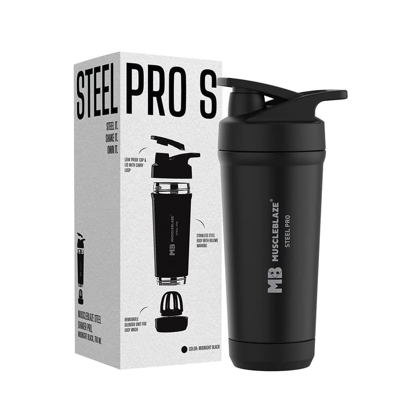MuscleBlaze Steel Shaker Pro, 700 ml, Pristine White - MuscleBlaze Steel Shaker Pro, 700 ml, Midnight Black