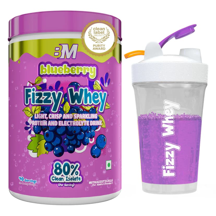 Big Muscles Fizzy Whey [ Blueberry ] | Clear Whey Protein isolate + Electrolytes - 600gm