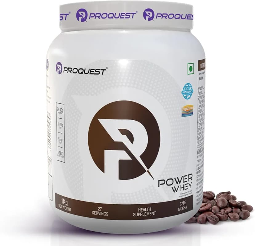 ProQuest Whey Protein (Café Mocha, 1 KG / 2.2 lb / 27 Servings) | 24g Protein Per Scoop | 5.3g BCAA & 11.9g EAA |Lab Tested, Added Probiotics & Digezyme for Fast & Easy Digestion
